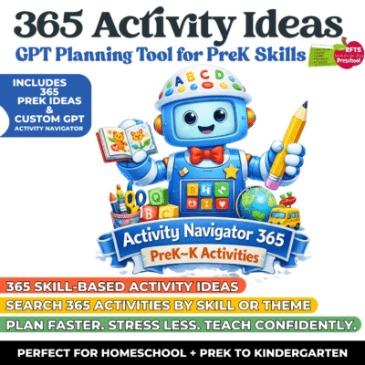 365-Activity-Ideas-Cover-preschool activity ideas with gpt planning tool for prek and kindergarten A-friendly-blue-robot-teacher-holds-a-pencil-and-book-surrounded-by-preschool-learning-icons.-Text-highlights-include-365-skill-based-activity-ideas-search-by-s