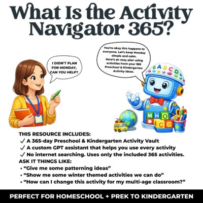 What IS the 365 Activity Ideas. Text explains that the resource includes a 365-day Preschool and Kindergarten activity vault, a custom GPT assistant, and uses only the included activities What-IS-the-365-Activity-Ideas.-Text-explains-that-the-resource-includes-a-365-day-Preschool-and-Kindergarten-activity-vault-a-custom-GPT-assistant-and-uses-only-the-included-activities